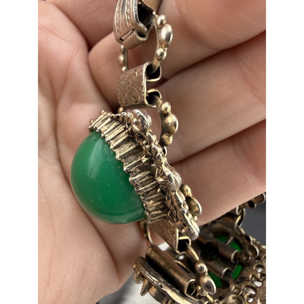 Vintage Victorian Revival Bracelet Green Stones Panel Gold Tone READ - Picture 5 of 12